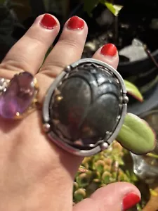 Aunt Elza’s Large Peacock Stone Scarab Ring Magical Fortune Teller Heirloom Adj - Picture 1 of 8