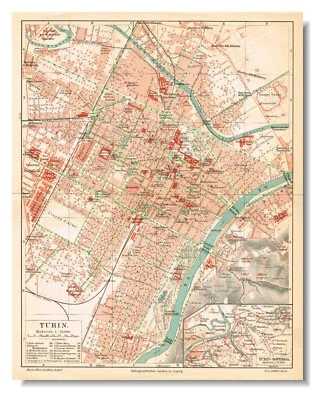 TURIN Original  Antique Vintage  MAP  1910 city plan TORINO PEIDMONT  ITALY - Image 1 of 4