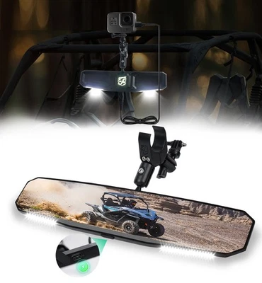 17" UTV Center Mirror w/LED Light＆Type-C Fast Charging for 1.5"-2" Roll Cage Bar - Image 1 of 4