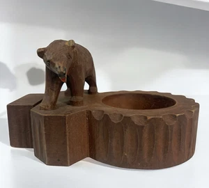 Posacenere vintage legno foresta nera orso intagliato arte popolare svizzero grizzly fiammifero - Foto 1 di 10