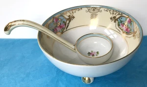 Vtg 1950 Nippon Hand Painted Floral Footed Porcelain Condiment 4 3/8" Bowl Ladle - Picture 1 of 13