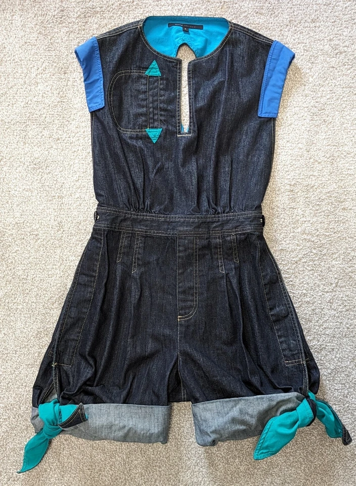 Marc Jacobs Denim Romper Shorts Open Back Sleeveless Pockets Color Blocked - Image 1 of 4