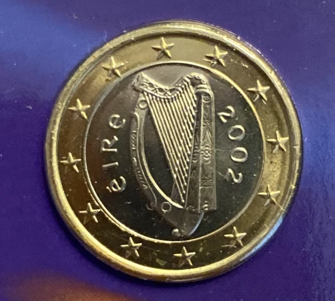 2002 Ireland Republic, Eire, Celtic Harp, Bimetallic, Irish Euro ~ KM# 38 BU Cover