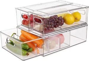 3-Pack Fridge Organizer Bins with Pull-Out Drawer - Clear Stackable Containers - Picture 1 of 6