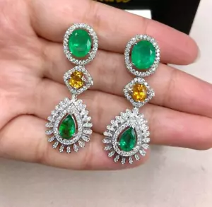 ENORMI 9 CT Orecchini a Strappo Donna Smeraldi e Diamanti Stimolati In Argento 925 - Foto 1 di 8