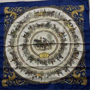 HERMES Scarf Carre90 Silk Square  Walk to Longchamp 34.65x35.04inch Navy Blue