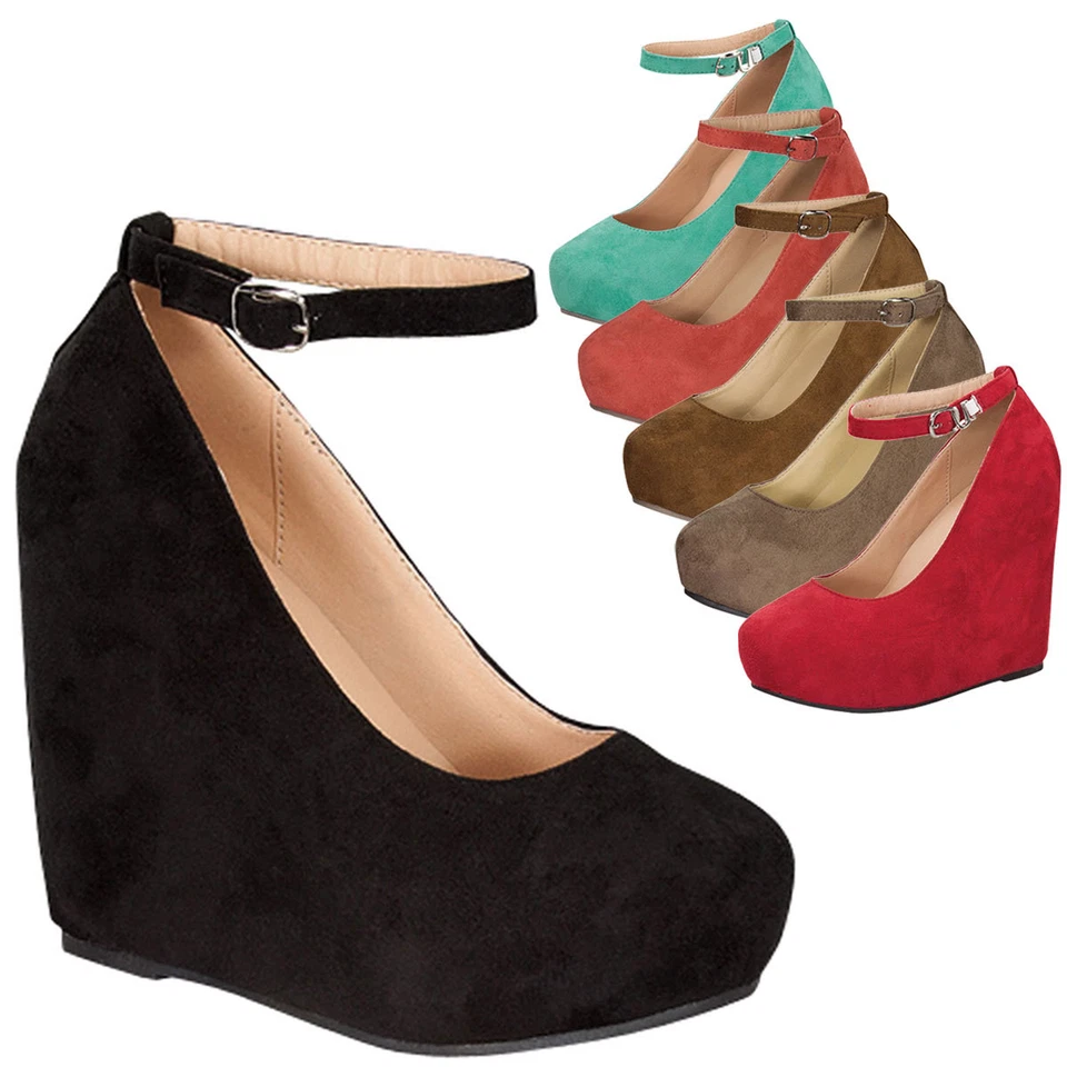 Nuevo Zapato de salón con hebilla y correa en el tobillo para mujer Sky High plataforma de cuña oculta tacón alto Foto 1 de 1