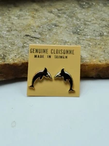 New on Card Cloisonné Dolphin Earrings Small Stud Pierced Earrings Black Dolphin - Picture 1 of 6