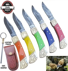HP Pocket Folding Knife Camping Hunting Fishing Stainless Steel leather pouch - Picture 1 of 14