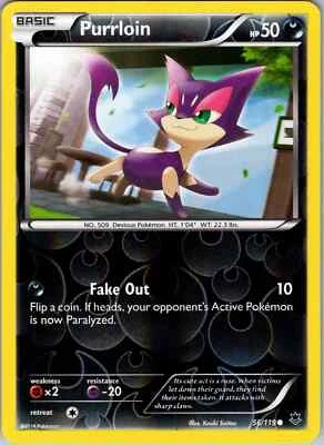 Pokemon TCG Purrloin XY Phantom Forces 56/119 Reverse Holo Common Card NM - Image 1 of 2