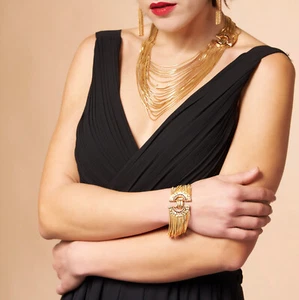 Parure Women's Necklace Bib Bracelet Multi Thread Golden Gold Vintage Style - Picture 1 of 10