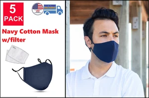 [5er Pack] Waschbare Marineblau Baumwollmaske Wiederverwendbar Atmungsaktiv Unisex PM2,5 Filter - Bild 1 von 11
