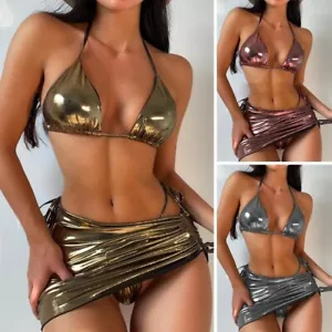Womens Gold Bikini Swimwear 3 Piece Swimsuit W/ Swimdress Metallic Bathing Suits - Picture 1 of 26
