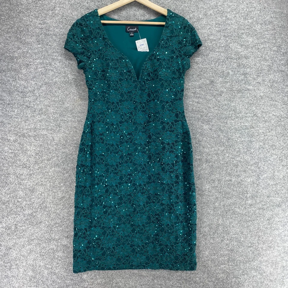 New Connected Dress Women 12 Blue Floral Crochet Sheath Midi V-Neck Short Sleeve - Image 1 of 4