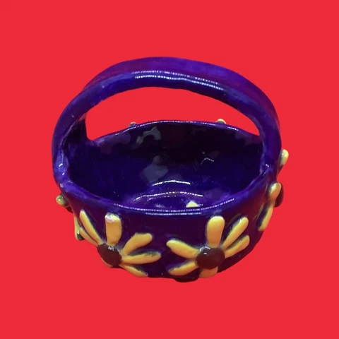 trinket jewelry ceramic basket blue and yellow raised flowers Cover