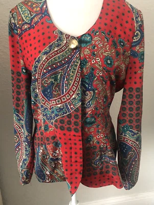 Vtg LESLIE FAY 8 S M Red Blue SCARF PRINT Silky TUNIC Top Jacket Blouse Button - Image 1 of 4