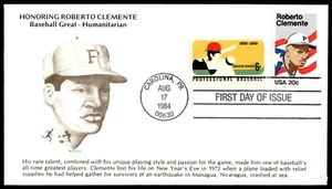 1984 Roberto Clemente FDC- "Baseball Great-Humanitarian" KMC Cachet-Multi Stamp - Picture 1 of 2