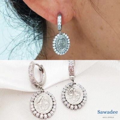 Orecchini a cerchietto Madonna Miracolosa da donna con zirconi bianchi argento - Immagine 1 di 4