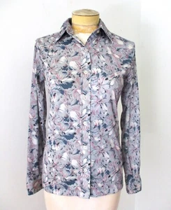 Blusa Top de Colección Años 70 Spiegel Gris Púrpura Azul Floral Poli Tejido Discoteca Secretaria S - Imagen 1 de 5