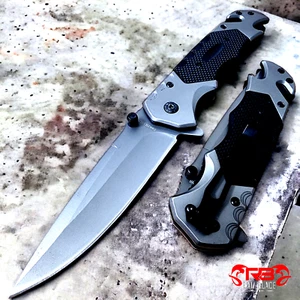 8.5" Black STEEL HANDLE FOLDING OPEN BLADE HANDLE Spring Assisted Pocket Knife - Picture 1 of 5