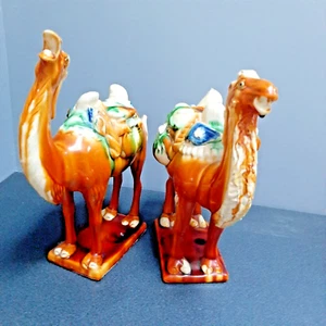 Majolica Tang Style Dynasty Ceramic pair drip Glazed Camels with Stamp 33cm app. - Picture 1 of 10