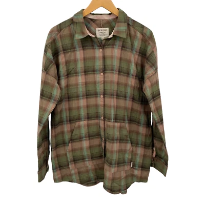 Burton Shirt Mens Small Button Snap Green Brown Plaid Pockets - Image 1 of 4