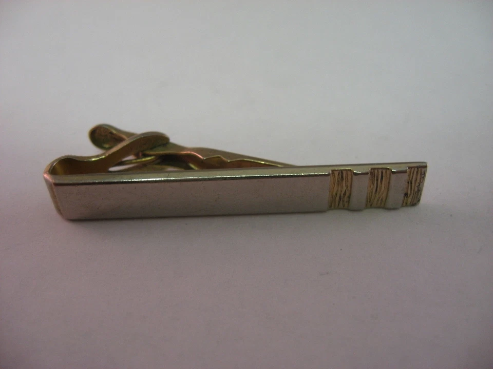 Joyería de barra de corbata vintage para hombre: triple tono dorado textura madera rayas tono plata Foto 1 de 1