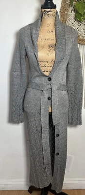 Gray Button Front Long Belted Knit Sweater Wool Blend Cozy Cardigan Size XS - Image 1 of 4