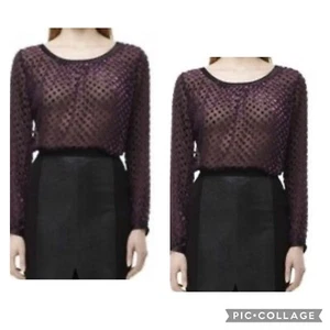 CLUB MONACO Women’s Black Purple Silk Blend Velvet Burnout Polka Dot Top Size M - Picture 1 of 7