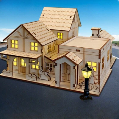 Miniatures Dollhouse Unfinished Wooden Mini House with Lamp Assemble Accessorie - Image 1 of 4