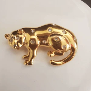 Vintage Swarovski Leopard Brooch Gold Plated with Crystal Spots 80's Signed SAL - Picture 1 of 5