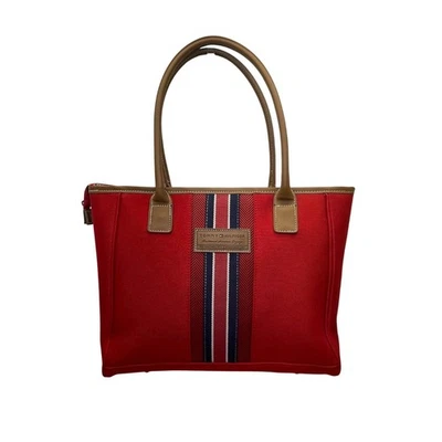 Tommy Hilfiger Women’s Red & Blue Canvas & Faux Leather Striped Accent Tote Bag - Image 1 of 4