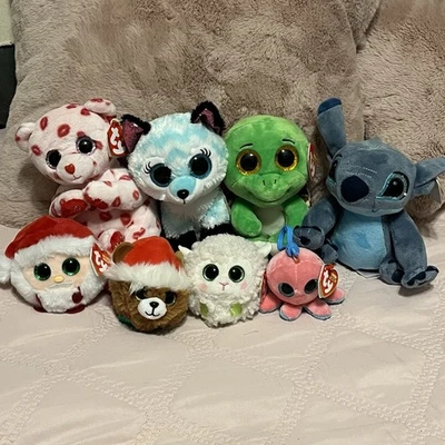Lote de 4 juguetes de peluche TY Beanie Babies brillo para ojos, ¡puntada! plus 4 bolas de gorro Foto 1 de 4