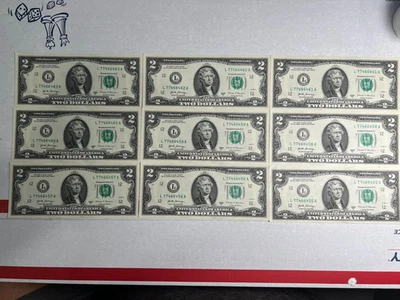 9 Consecutive Serial Number,  2017A , US $2 DOLLAR BILLS Uncirculated - Image 1 of 2