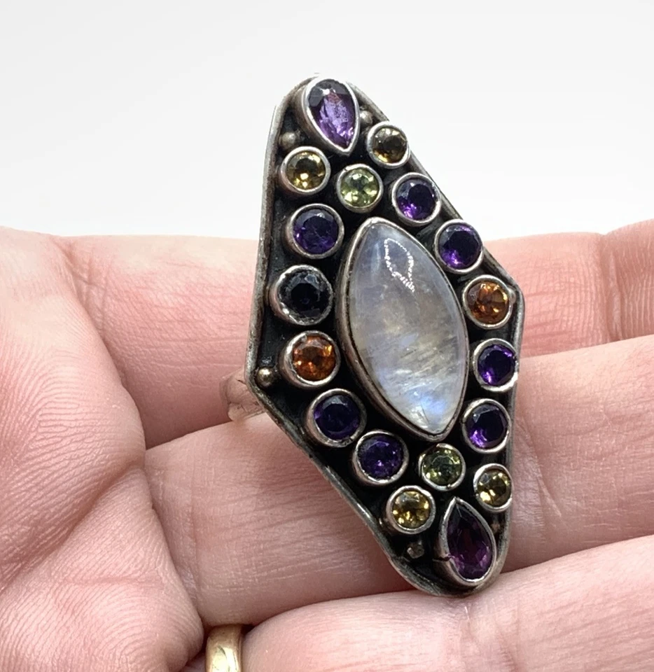 Anillo grande Nicky Butler 925 piedra lunar esterlina y racimo de varias piedras ~ talla 7,5 Foto 1 de 4