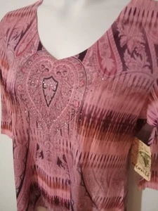 ONE WORLD Womens Large Pink Studded V Neck Stretch 3/4 Sleeve Tunic Top Pullover - Picture 1 of 10