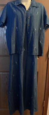 Jane Ashley denim maxi dress embroidered dragonflies fireflies blue w/Jacket LG - Image 1 of 4