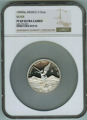 Tied 2ndFinest Key Date NGC Proof 69 Ultra Cam1999 2 oz Mexico Libertad-280 mtg - Image 1 of 2