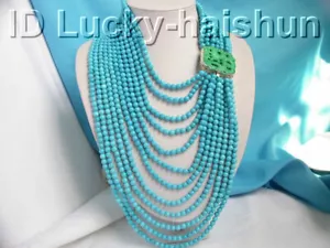 natural 12row 6mm round sky-blue turquoise beads necklace 925sc turquoise clasp - Picture 1 of 3