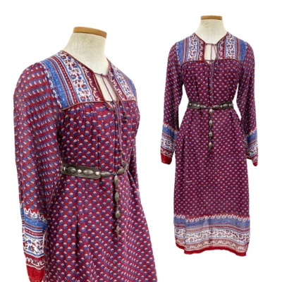 Vtg 70s 1970s Indian Block Print Cotton Indian Gauze Paper Thin Boho Tunic Dress - Image 1 of 4