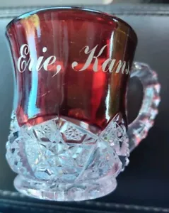 1900's RUBY RED Flash Glass NEAR CUT MUG / CUP - etched Souvenir ERIE KANSAS - Picture 1 of 5