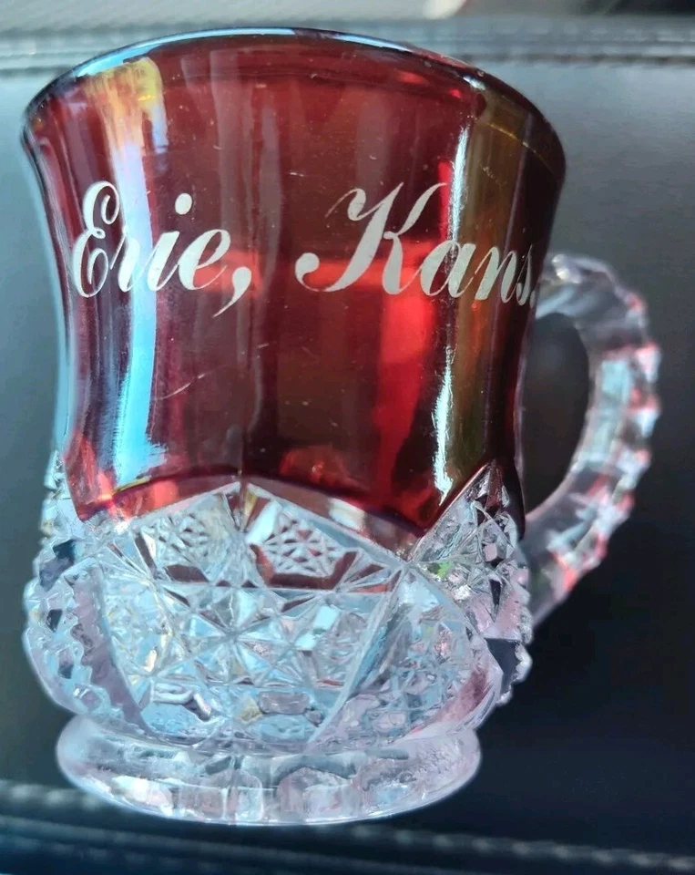 1900's RUBY RED Flash Glass  NEAR CUT MUG / CUP -  etched Souvenir ERIE KANSAS - Image 1 of 4
