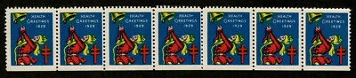 1929 WX49 Ringing Bell/Health Strip of 7 US Christmas Holiday Seals Jumbo MNH - Image 1 of 4