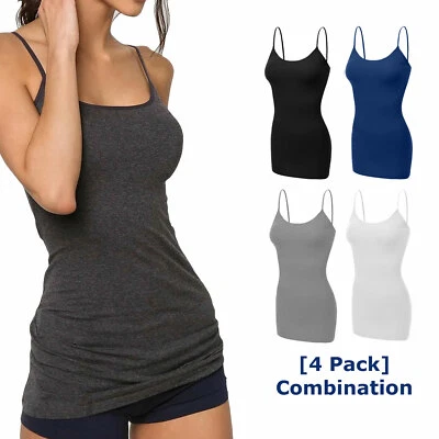 [4 pack] Women Long Camisole Tank Tops Cotton Basic Cami Tops W/ Straps S ~ 3XL - Image 1 of 4