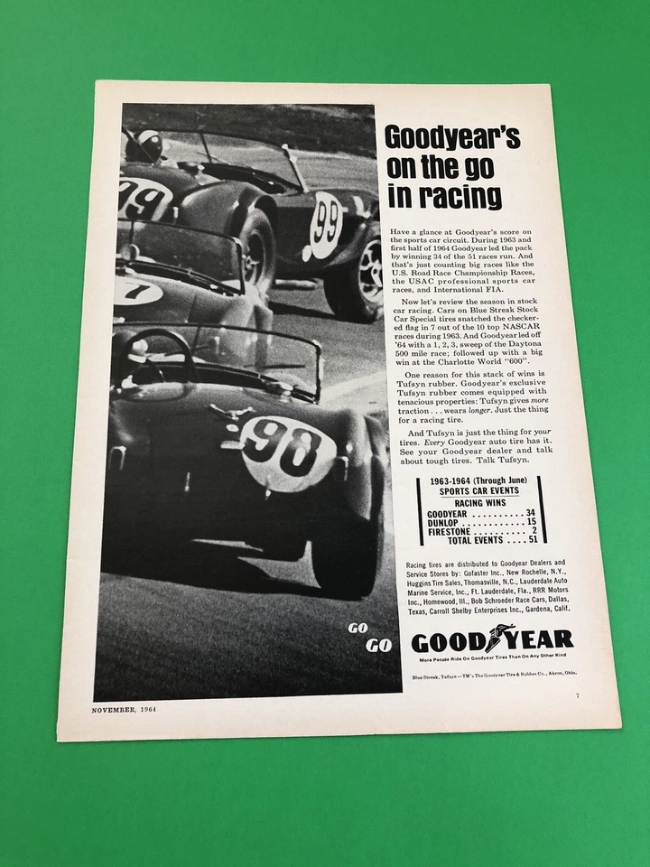FORD SHELBY COBRA GOODYEAR ORIGINAL VINTAGE PRINT AD PRINTED ADVERTISEMENT - Image 1 of 1