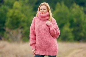 SuperTanya rosa Wollpullover mit extra langem Rollkragenpullover warm Gr. L-XL - Bild 1 von 10