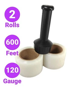 2 Rolls Hand Stretch Wrap 3" x 600' 120 Gauge Plastic Bundling Clear Film Handle - Picture 1 of 4
