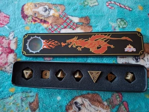 METAL 7-PIECE DICE SET: BRONZE & BLACK with Metal Dice Box, Dragon - Picture 1 of 2