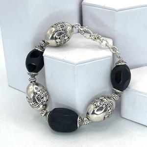 Bracciale Brighton Mirage Grosso Tono Argento Nero Bead Link Regolabile - Foto 1 di 10