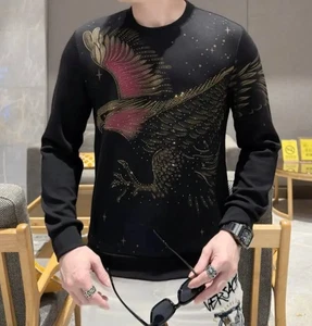 New Men Luxury Diamond Eagle Rhinestone Fashion Black Sweatshirt High Quality - Picture 1 of 6